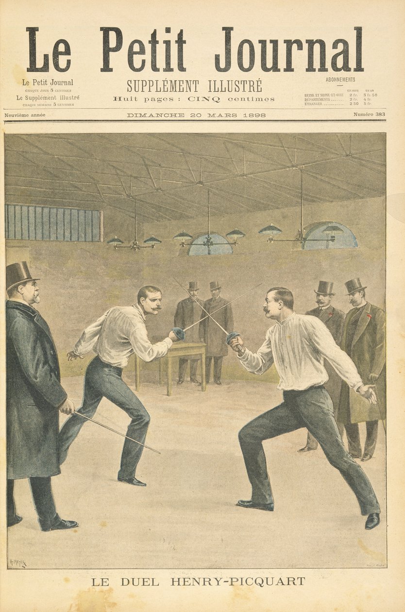 Página de rosto representando o duelo de Henry-Picquart, oficiais oponentes durante o caso Dreyfus, ilustração do suplemento ilustrado do Le Petit Journal, 20 de março de 1898 de Fortune Louis Meaulle and Henri Meyer