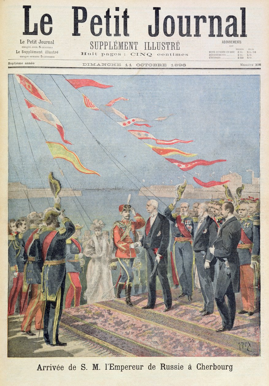 Página de rosto representando a chegada de sua majestade o Imperador da Rússia em Cherbourg, ilustração do suplemento ilustrado do Le Petit Journal, 11 de outubro de 1896 de Fortune Louis Meaulle and Henri Meyer