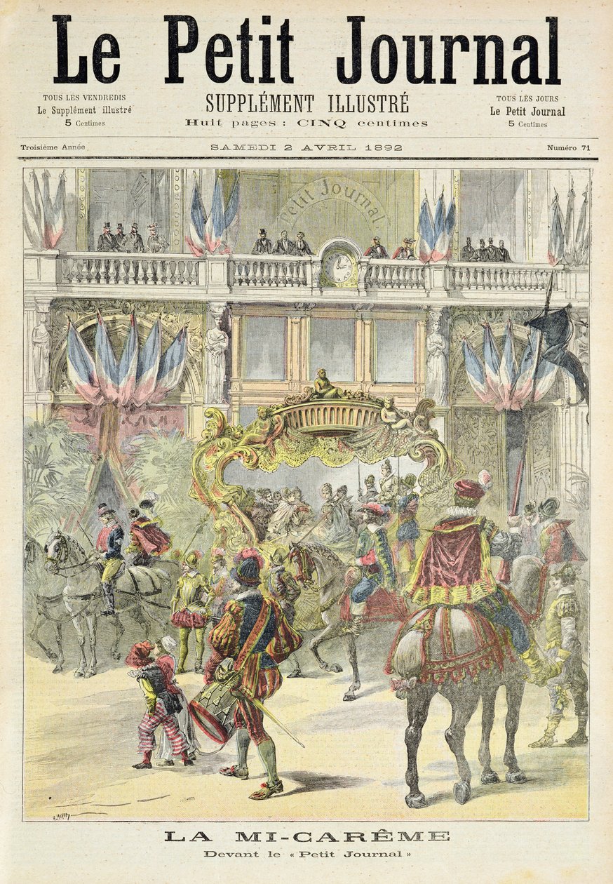 Página de rosto representando o desfile da Quaresma em frente aos escritórios do Petit Journal, ilustração do suplemento ilustrado do Le Petit Journal, 2 de abril de 1892 de Fortune Louis Meaulle and Henri Meyer