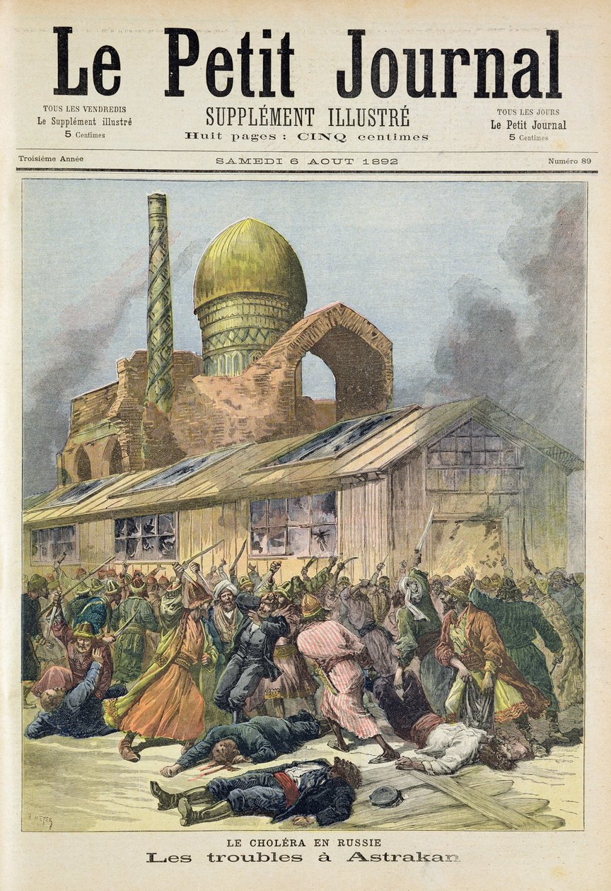 Página de rosto descrevendo os problemas em Astrakhan durante o período de cólera na Rússia, ilustração do suplemento ilustrado do Le Petit Journal, 6 de agosto de 1892 de Fortune Louis Meaulle and Henri Meyer