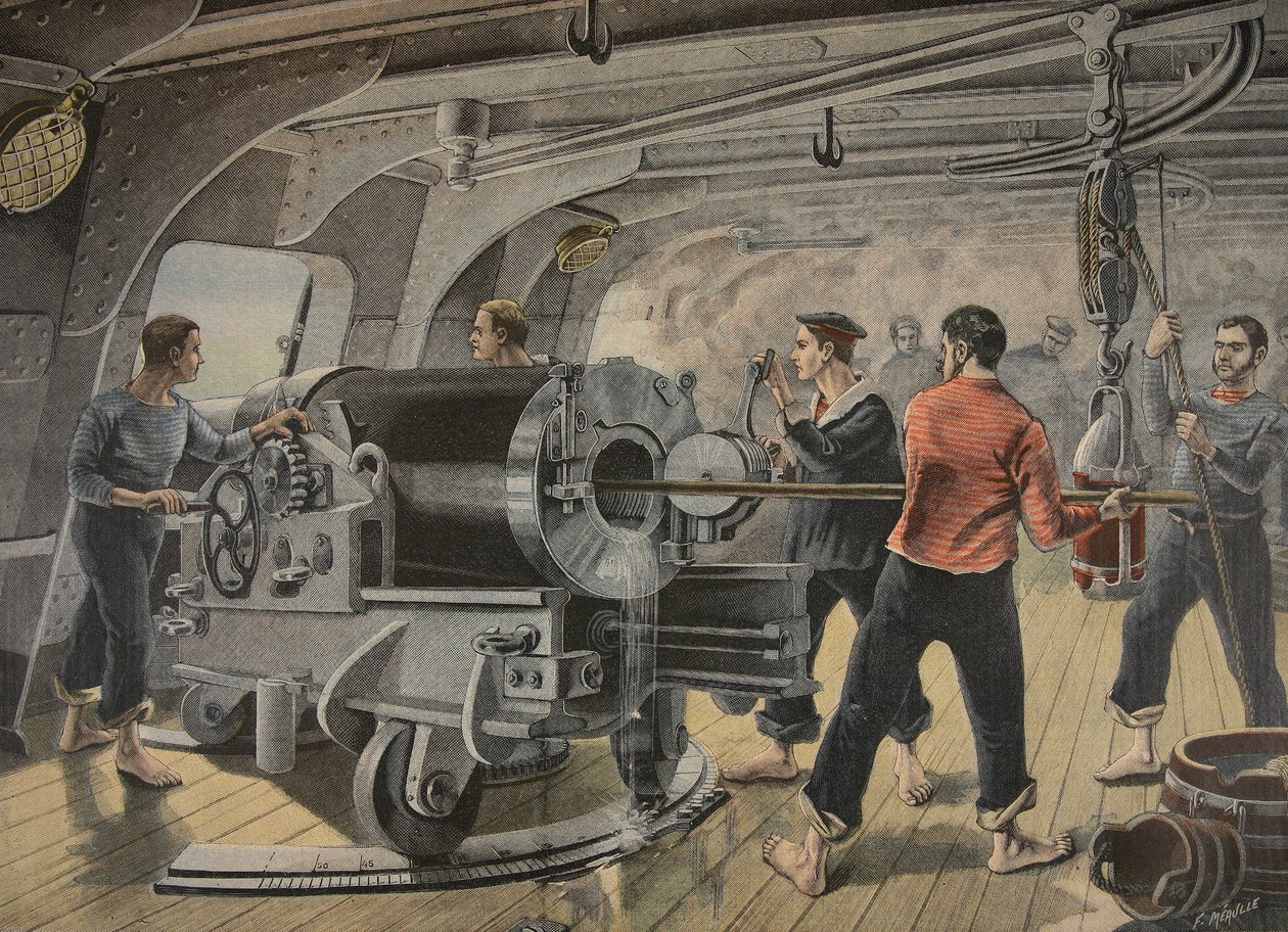 Manobra de um canhão pelos fuzileiros navais espanhóis na frente de Santiago, Cuba, ilustração de &39;Le Petit Journal: Suplemento illustre&39;, 1898 de Fortune Louis Meaulle