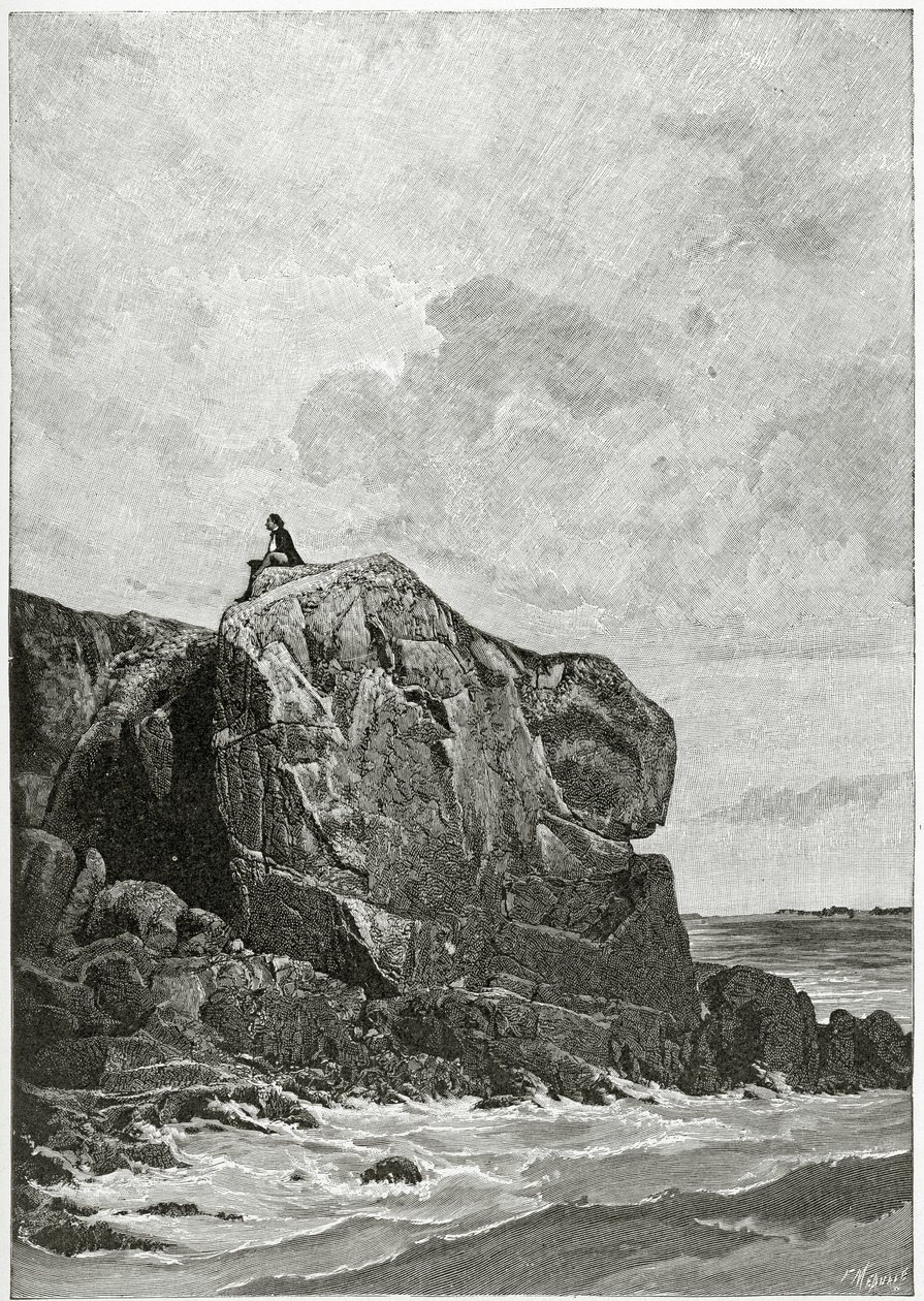 A rocha do exilado em Jersey, século XIX (gravura de bw) de Fortune Louis Meaulle