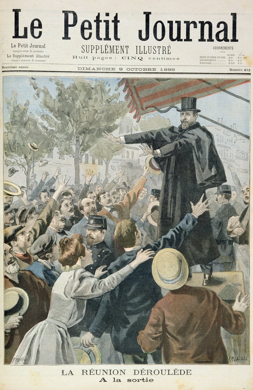 Página de rosto representando o encontro com Deroulede, ilustração do suplemento ilustrado do Le Petit Journal, 9 de outubro de 1898 (cor lito) de Fortune Louis Meaulle