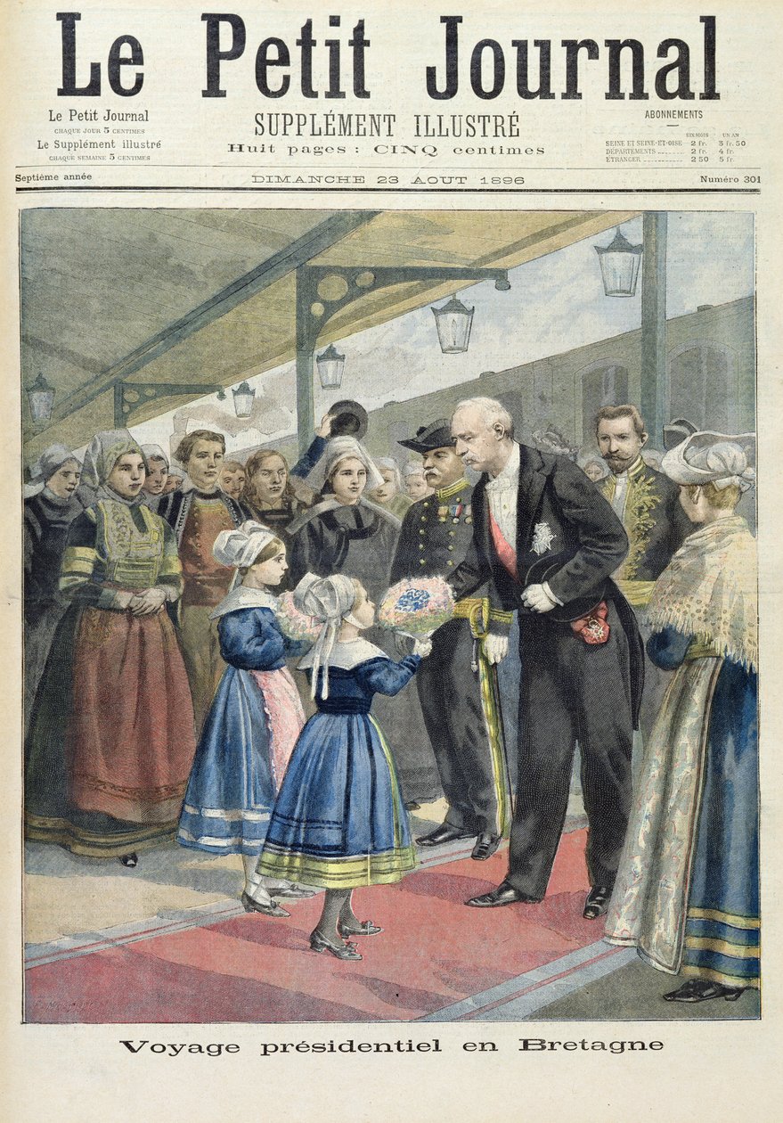 Página de rosto representando a viagem presidencial de Felix Faure à Grã-Bretanha, ilustração do suplemento ilustrado do Le Petit Journal, 23 de agosto de 1896 de Fortune Louis Meaulle