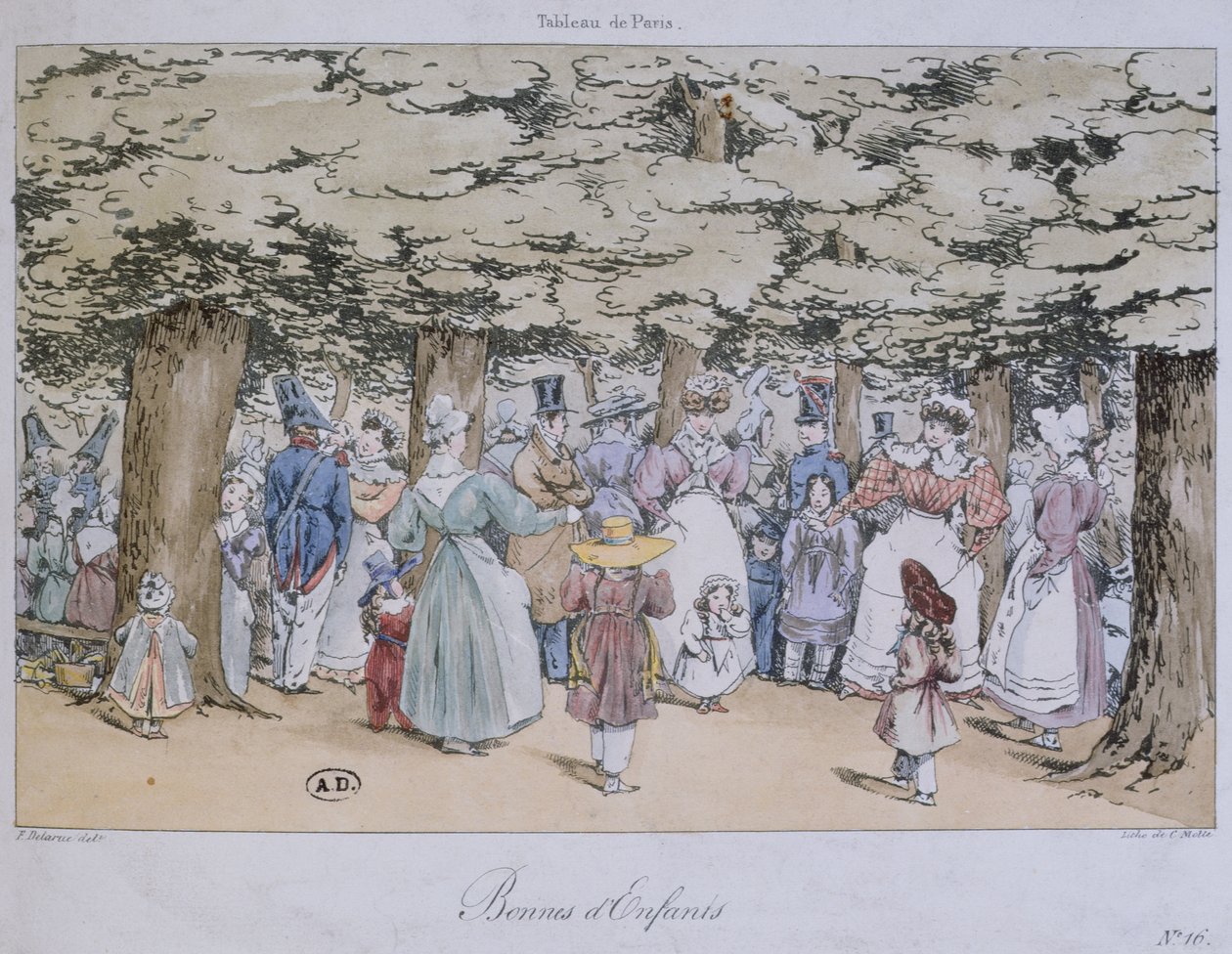 Crianças e babás no parque, da série Tableau de Paris, gravada por C. Motte, 1827 de Fortune Delarue