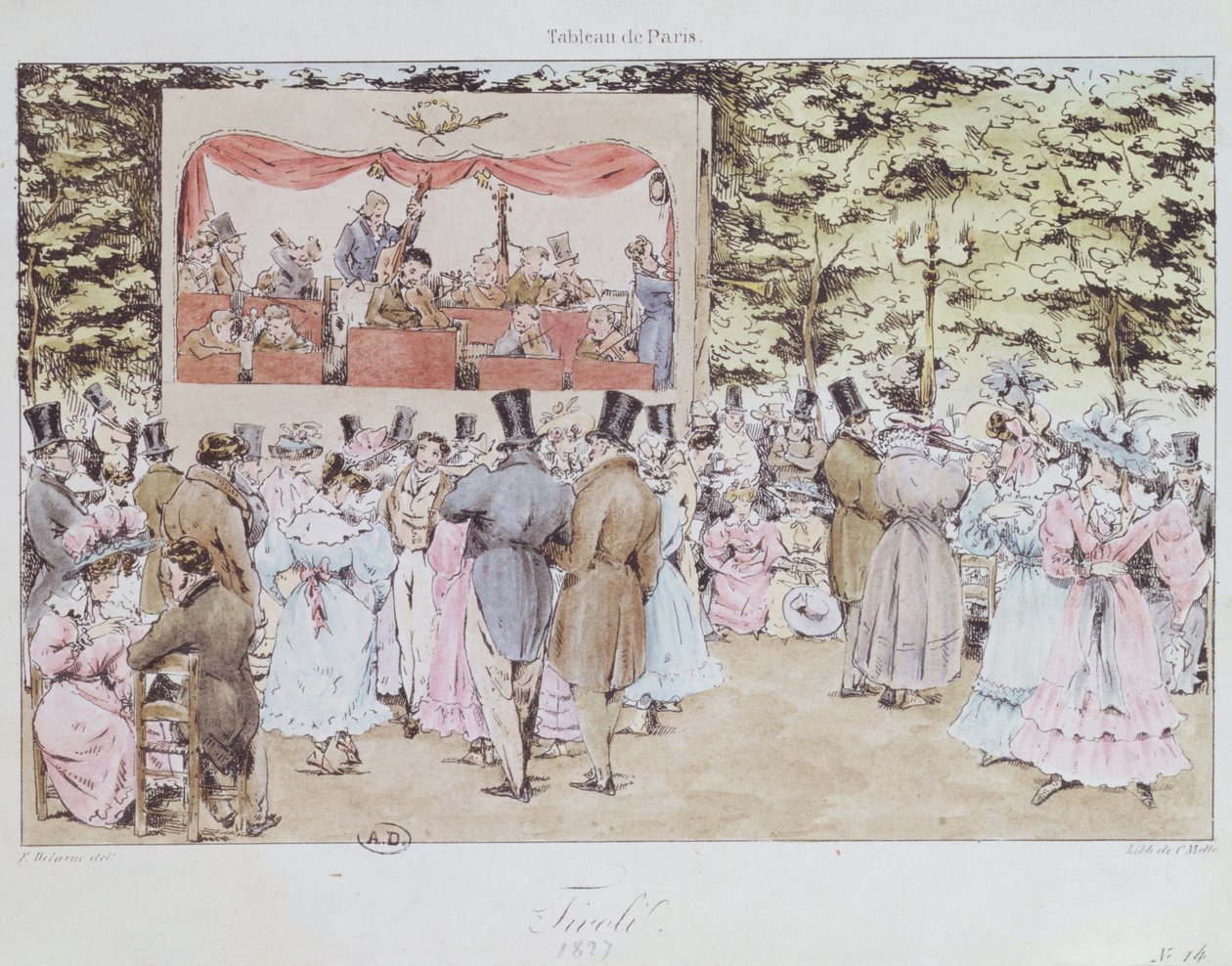 Entretenimento musical no New Tivoli Gardens, Paris, gravado por C. Motte, 1827 de Fortune Delarue
