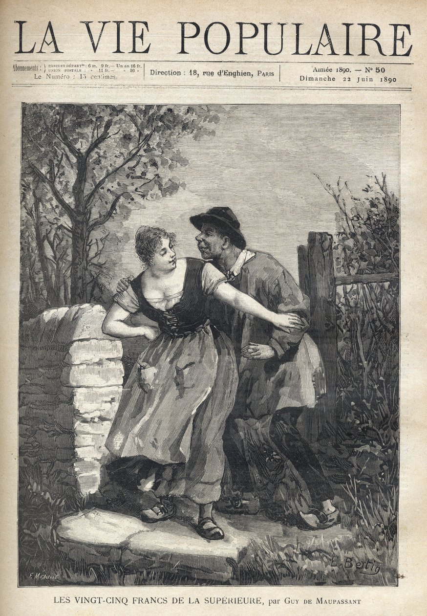 Um casal de camponeses, o homem de blusa e casco, saltou para a jovem que o empurrou de volta com um sorriso e uma luz. Ilustração de E. Bertin para Les twenty five francs de la superieure de Guy de Maupassant (1850-1893). Gravura de Fortune Meaulle (184 de Fortune Louis Meaulle