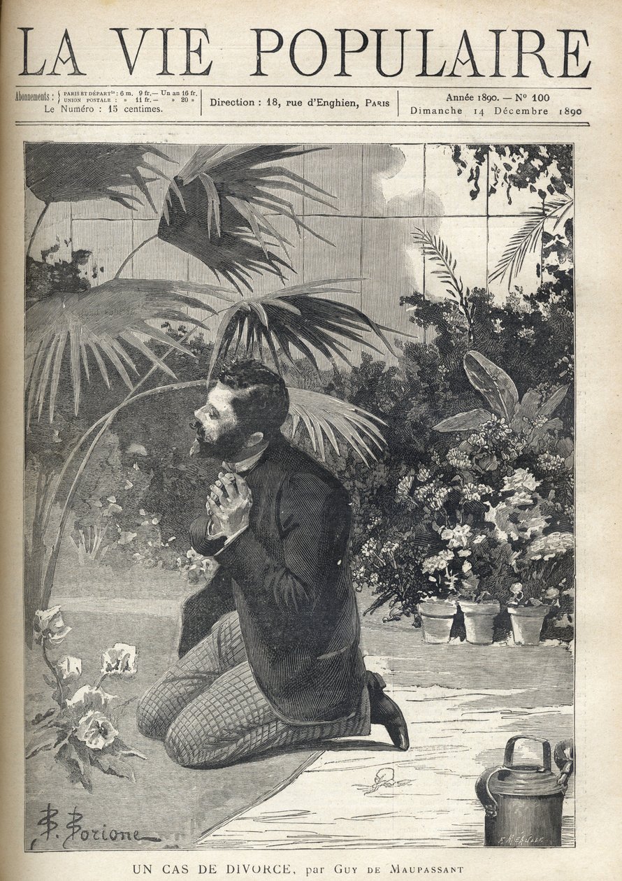 Um homem desesperado reza de joelhos numa estufa. Ilustração de F. Meaulle após B. Borione para "Um caso de divórcio" de Guy de Maupassant (1850-1893). Gravura de 1890 em "La vie populaire". Coleção Particular de Fortune Louis Meaulle