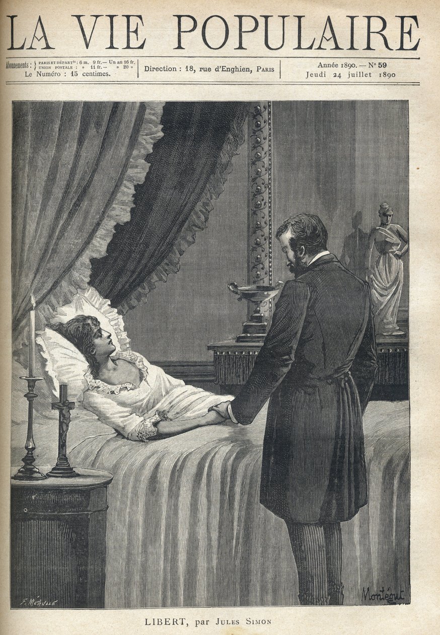 Um homem sobrecarregado de tristeza, parado à beira da cama, segura a mão da sua adorável mulher morta. Na mesa de cabeceira da cama, uma vela acesa e um crucifixo. Na lintel da lareira, um copo e uma escultura de mulher em traje antigo. Illustrati de Fortune Louis Meaulle