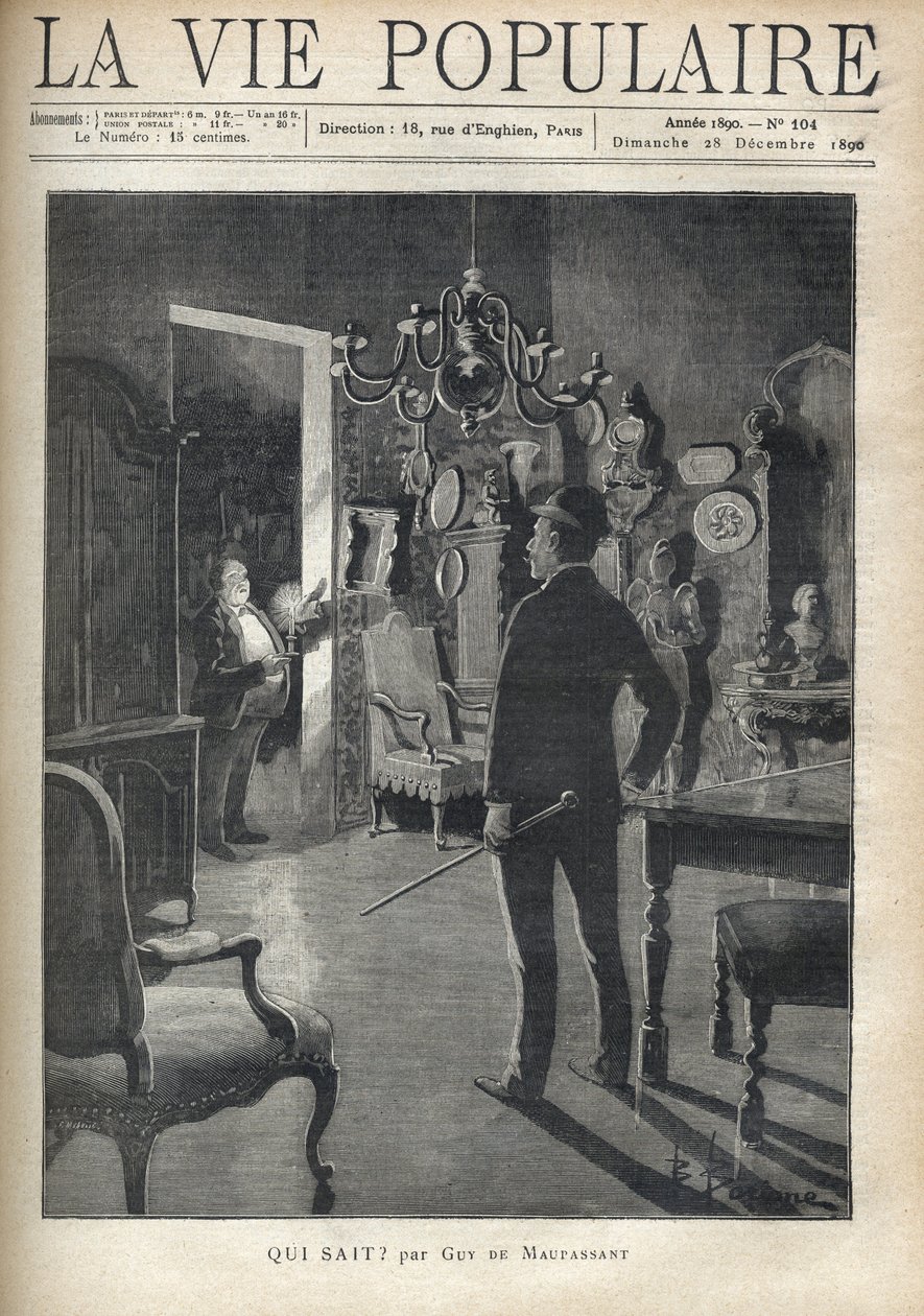 Um homem surpreende um intruso em casa no meio da noite. Ilustração de F. Meaulle depois de B. Borione para "Quem sabe? "por Guy de Maupassant (1850-1893). Gravação de 1890 em "La vie populaire". Coleção Particular de Fortune Louis Meaulle