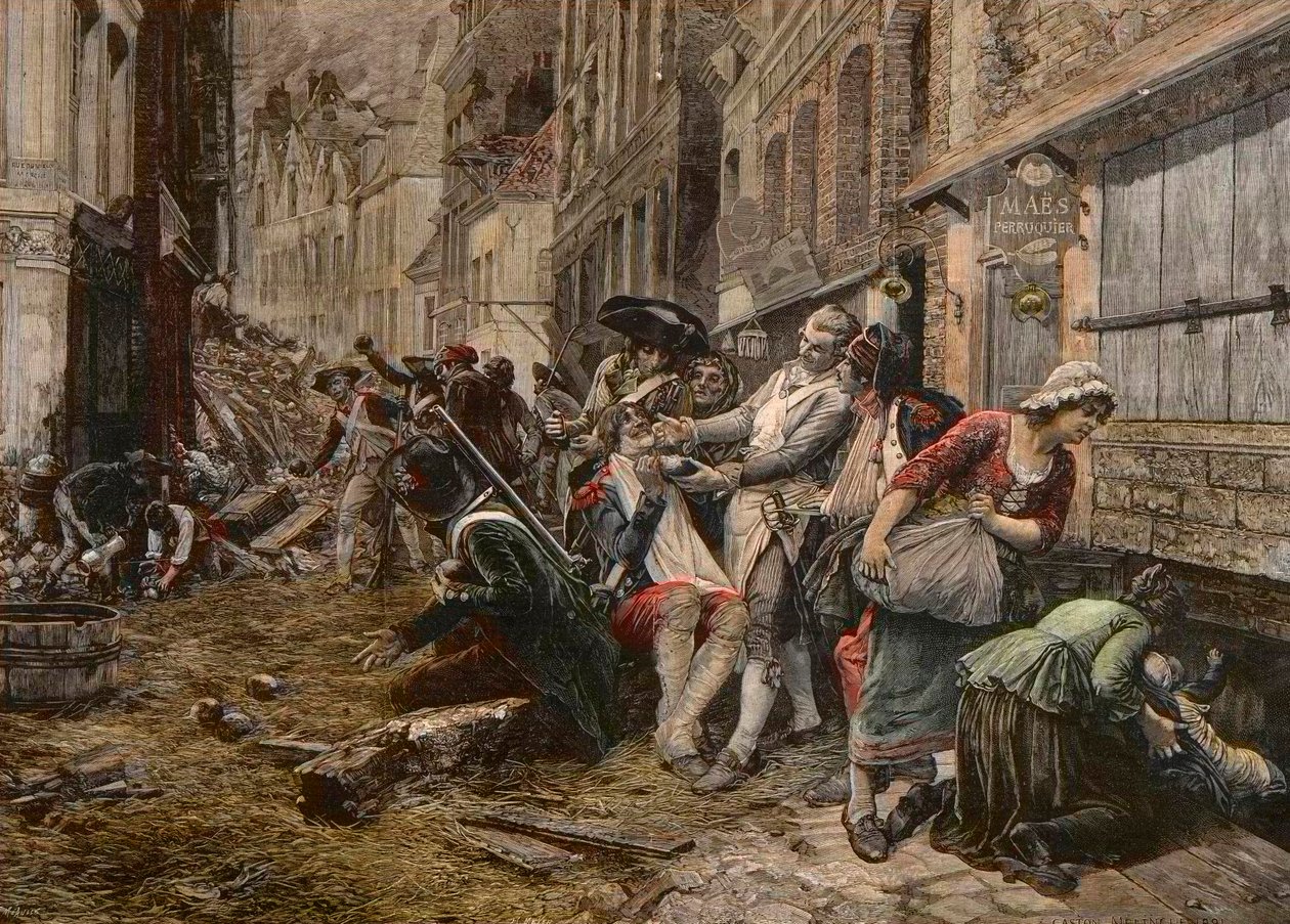 Um episódio de cerco em Lille, outubro de 1792 - Siege de Lille en 1792: a peruca Maes usando uma concha de bomba como prato de barba para barbear um cliente - gravação de Meaulle depois da pintura de Gaston Melingue de Fortune Louis Meaulle