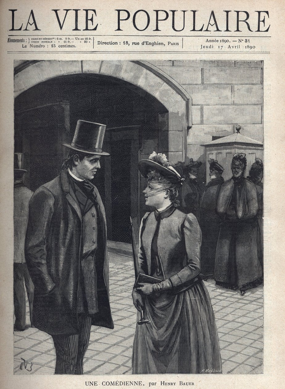 Uma jovem mulher usando um chapéu de véu que cobre o rosto, segurando um guarda-chuva e um livro, conversa com um jovem elegante, terno e cartola, mãos nos bolsos. Atrás deles, um grupo de mulheres cortadas, casaco escuro e velado. Estão a ser observados p de Fortune Louis Meaulle