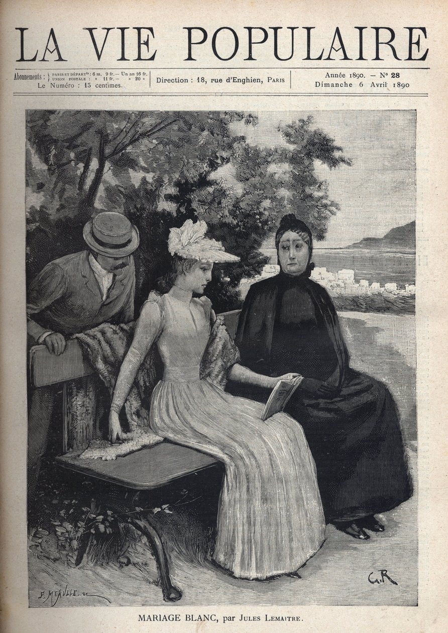 Uma jovem mulher de branco, segurando um livro aberto, acompanhada pela mãe, de preto com cara triste, sentada num banco em frente a uma paisagem na costa mediterrânea. Atrás deles, um homem inclina-se sobre o ombro da jovem mulher. Ilustração para W de Fortune Louis Meaulle