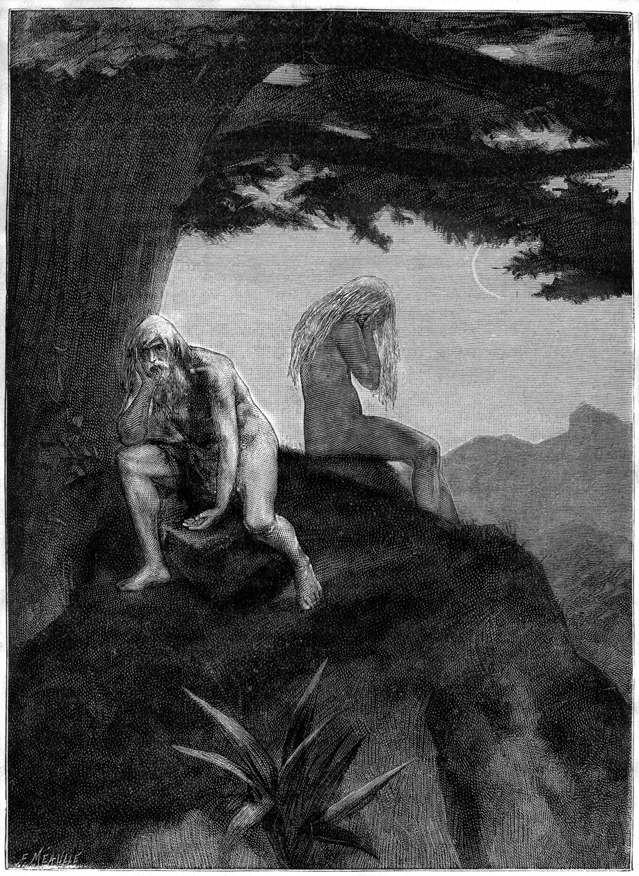 Adão e Eva. Desenho de sepulturas de Meaulle, ilustrando o poema de Victor Hugo "Les misheureux", na coleção "Les contemplations", edição Paul Ollendorff, início do século XX. de Fortune Louis Meaulle