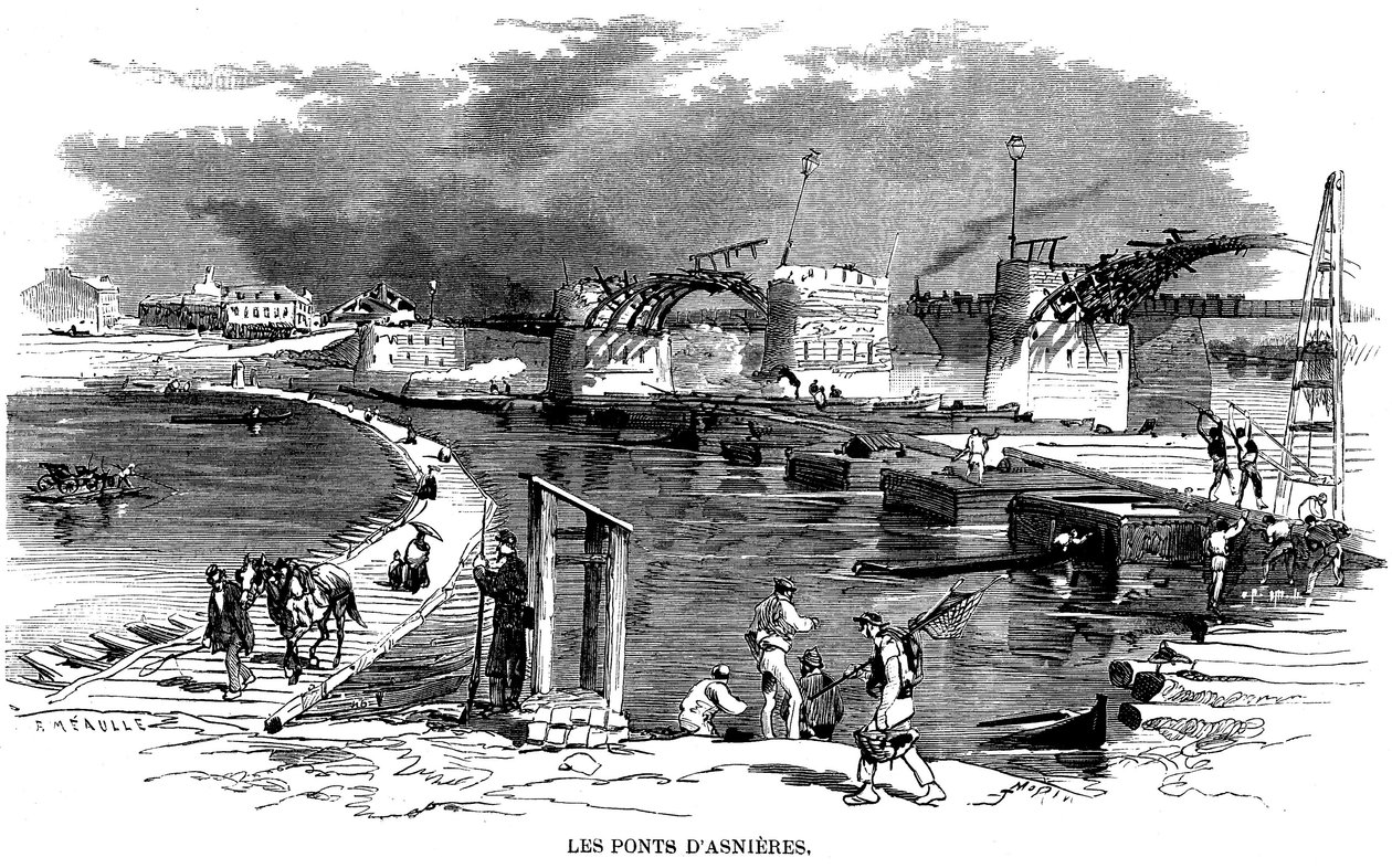 Após o incêndio da ponte de Asnieres durante o cerco de Paris em 1870, foi instalada uma ponte-barco (boat bridge) - nesta gravura de Meaulle (cerca de 1870), uma outra estrutura de madeira ao lado da ponte detruit - Commune de Paris - de Fortune Louis Meaulle