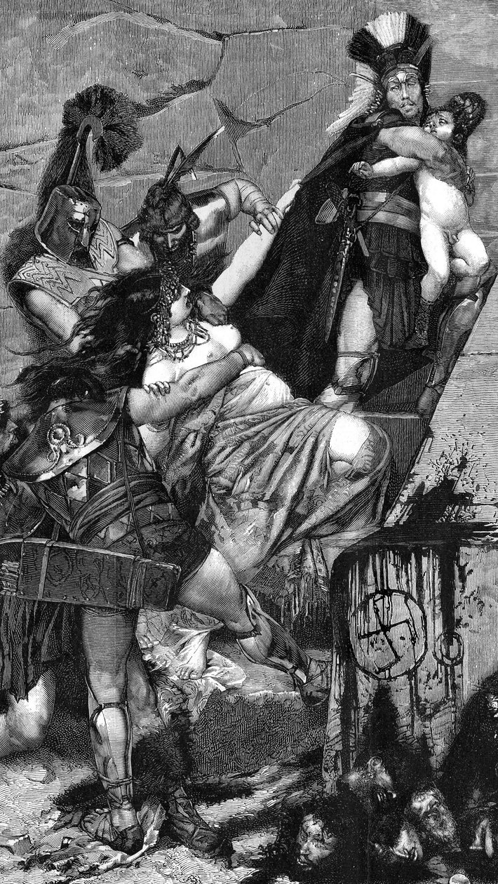 Andromaque: pormenor de uma gravura (1883) de Meaulle a partir de uma pintura de Georges Antoine Rochegrosse (1859-1938). Às mãos dos soldados gregos, Andrómaca tenta segurar o seu filho Astyanax, levado por um hoplita trácio. No início da cena de Fortune Louis Meaulle