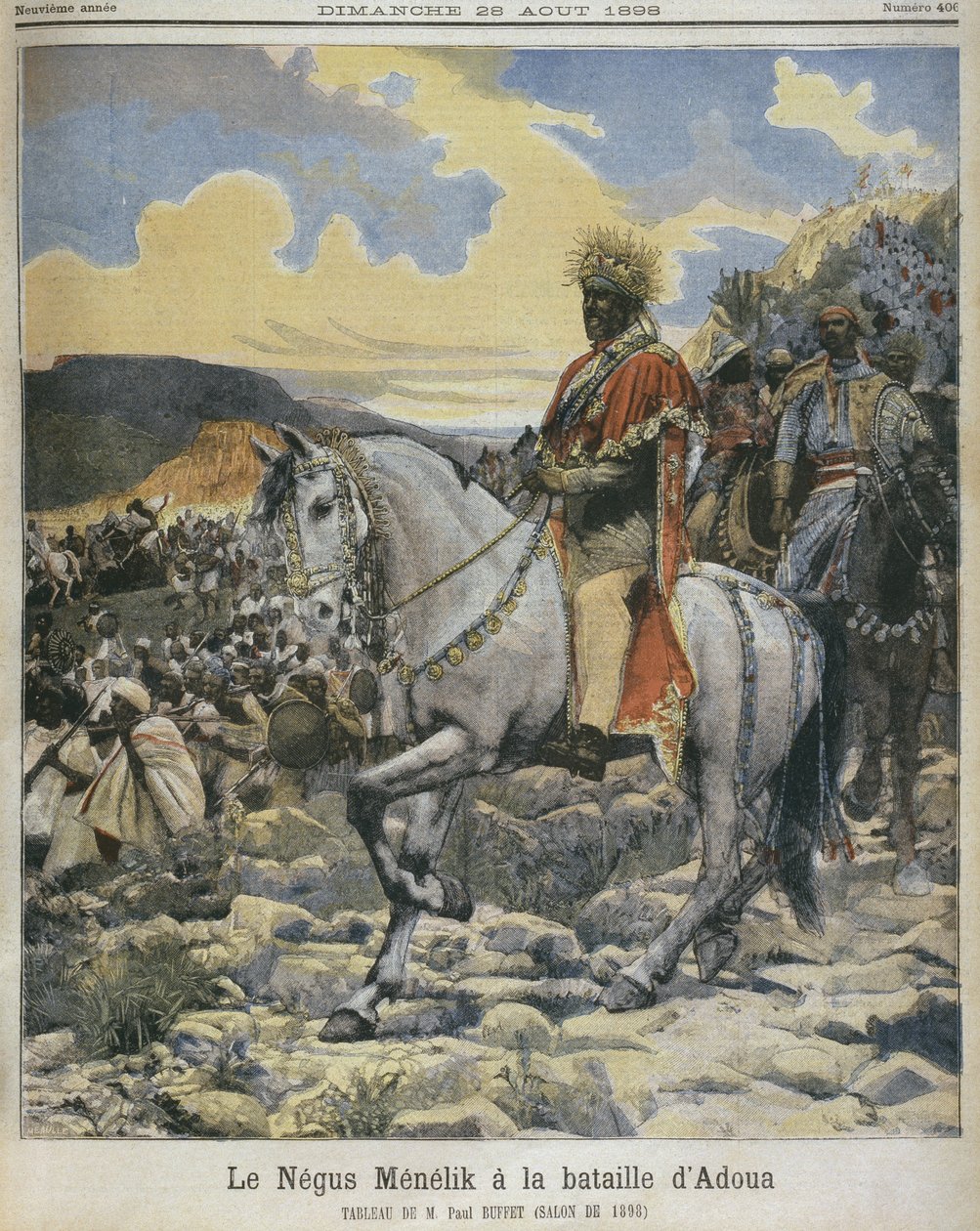 Preto da Etiópia, Menelik II (1844-1913) na batalha de Adowa, ilustração do  de Fortune Louis Meaulle