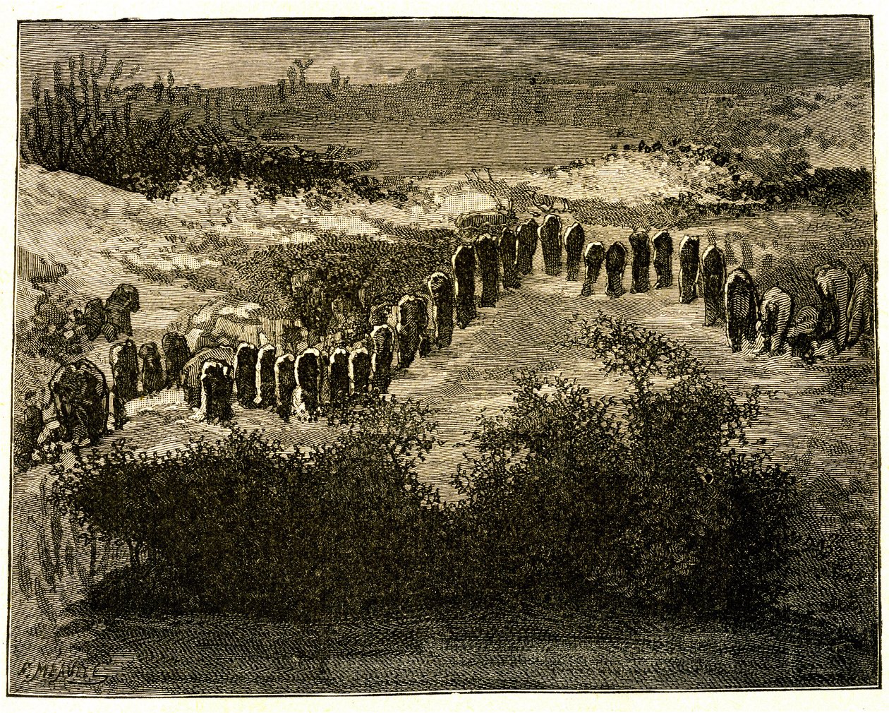 Alinhamentos do menir de Carnac. Desenho de Victor Hugo gravado por Meaulle. Extrato do texto de Hugo (En voyage en Bretagne de Fortune Louis Meaulle
