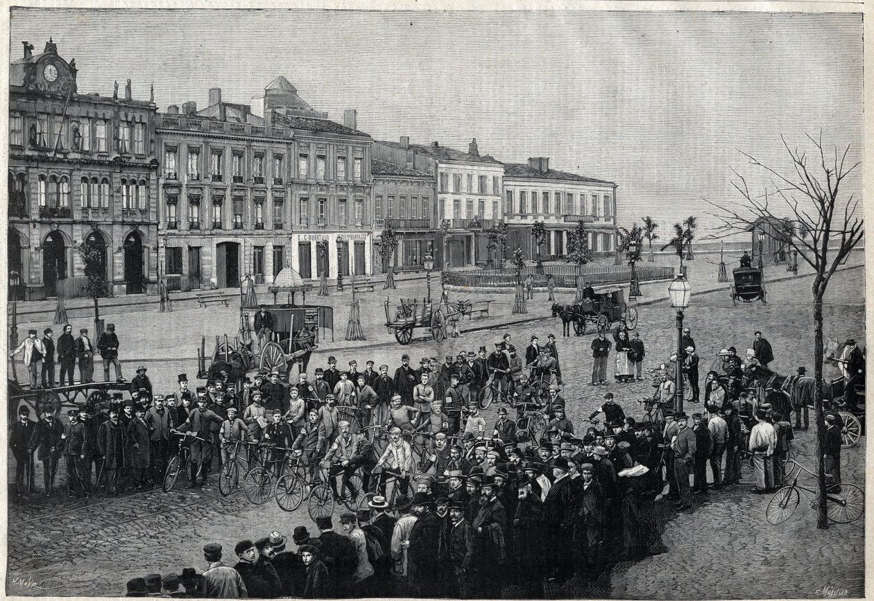 Partida da corrida de ciclismo Bordeaux-Paris (Bordeaux Paris) em 1891 - gravura de Meaulle de 1891 de Fortune Louis Meaulle