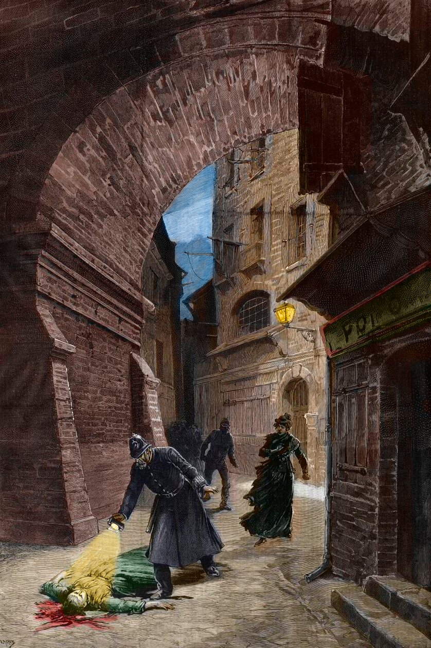 Descoberta de uma vítima de Jack, o Estripador, Whitechapel, Londres de Fortune Louis Meaulle