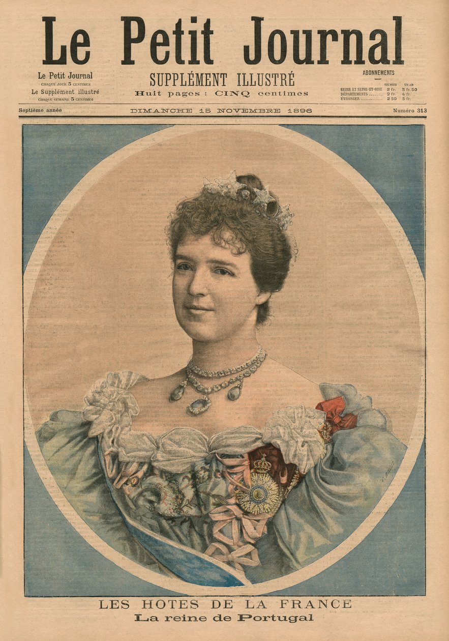 Apresentador francês, Rainha Amelie de Portugal (1865-1951) ilustração da capa do &39;Le Petit Journal&39;, suplemento ilustrado, 15 de novembro de 1896 de Fortune Louis Meaulle