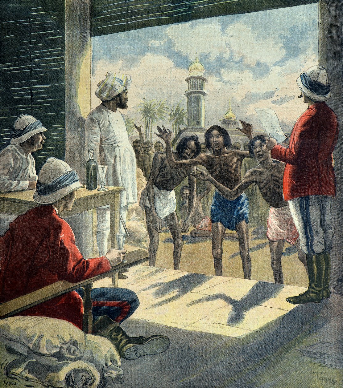 Hindus pedem ajuda aos ingleses durante a grande fome de 1896 - 1897 (Gravura) de Fortune Louis Meaulle
