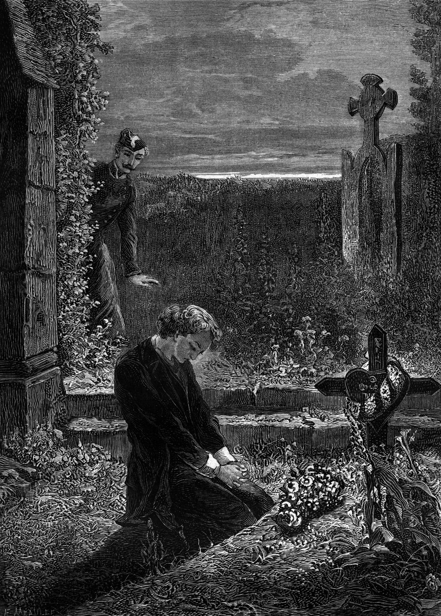 Ilustração do romance "Os Miseráveis" de Victor Hugo (3ª parte: Marius), gravura de Meaulle: Marius de Fortune Louis Meaulle