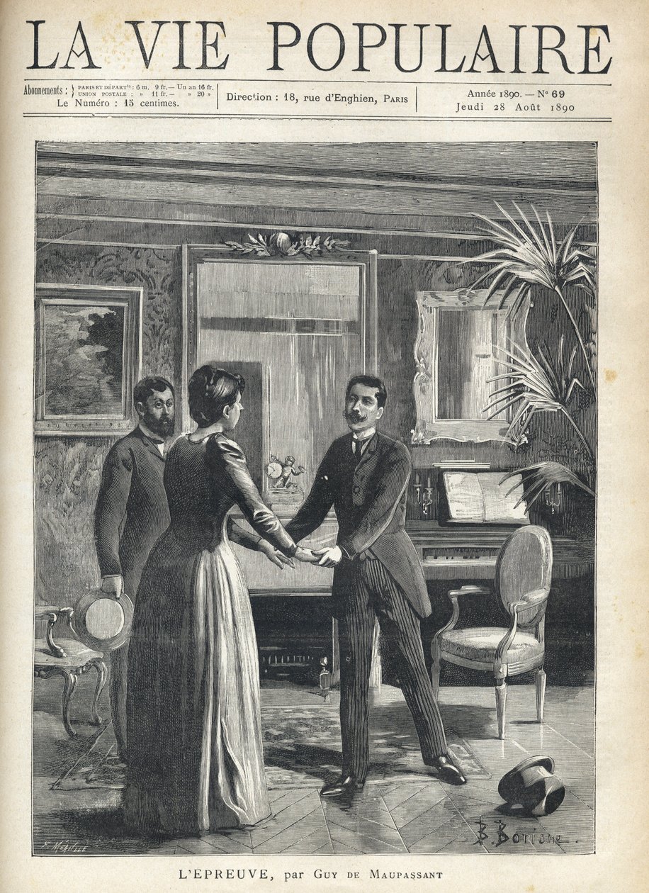Numa sala de estar burguesa, um homem levanta-se precipitado em direcção à senhora da casa e agarra-lhe as mãos, deixando cair o chapéu no chão, sob o olhar espantoso de outro homem. Ilustração de Bernard Borione (século 1865-20), para o teste de Guy de Fortune Louis Meaulle