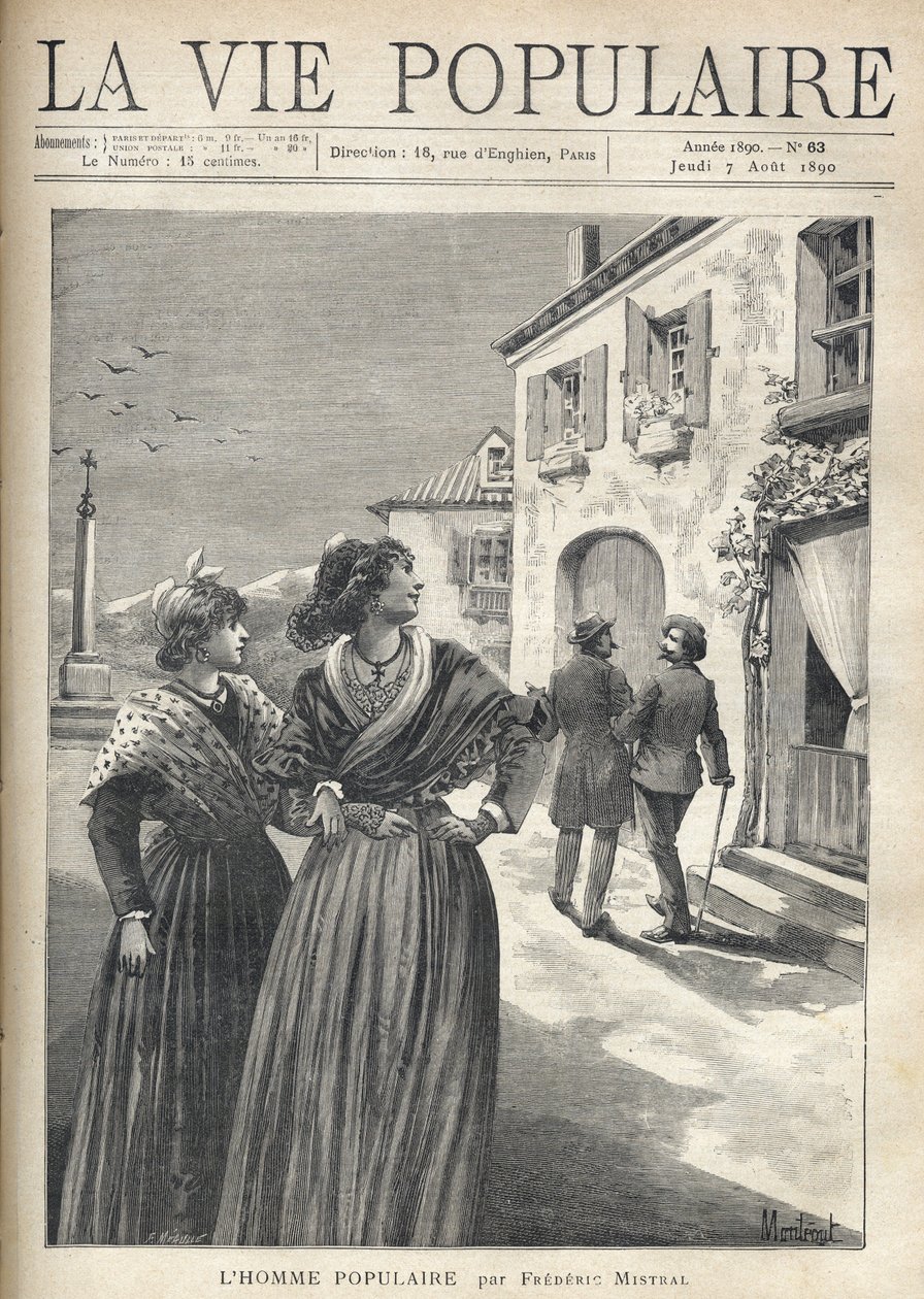 Nas ruas de uma aldeia da Provença, duas lindas mulheres com vestidos provençais voltam-se para a rua para enfrentar um homem que se vira confiante para os seus olhos. Ilustração de Montegut para O Homem Popular de Frederic Mistral (1830-1914). Gravura de  de Fortune Louis Meaulle