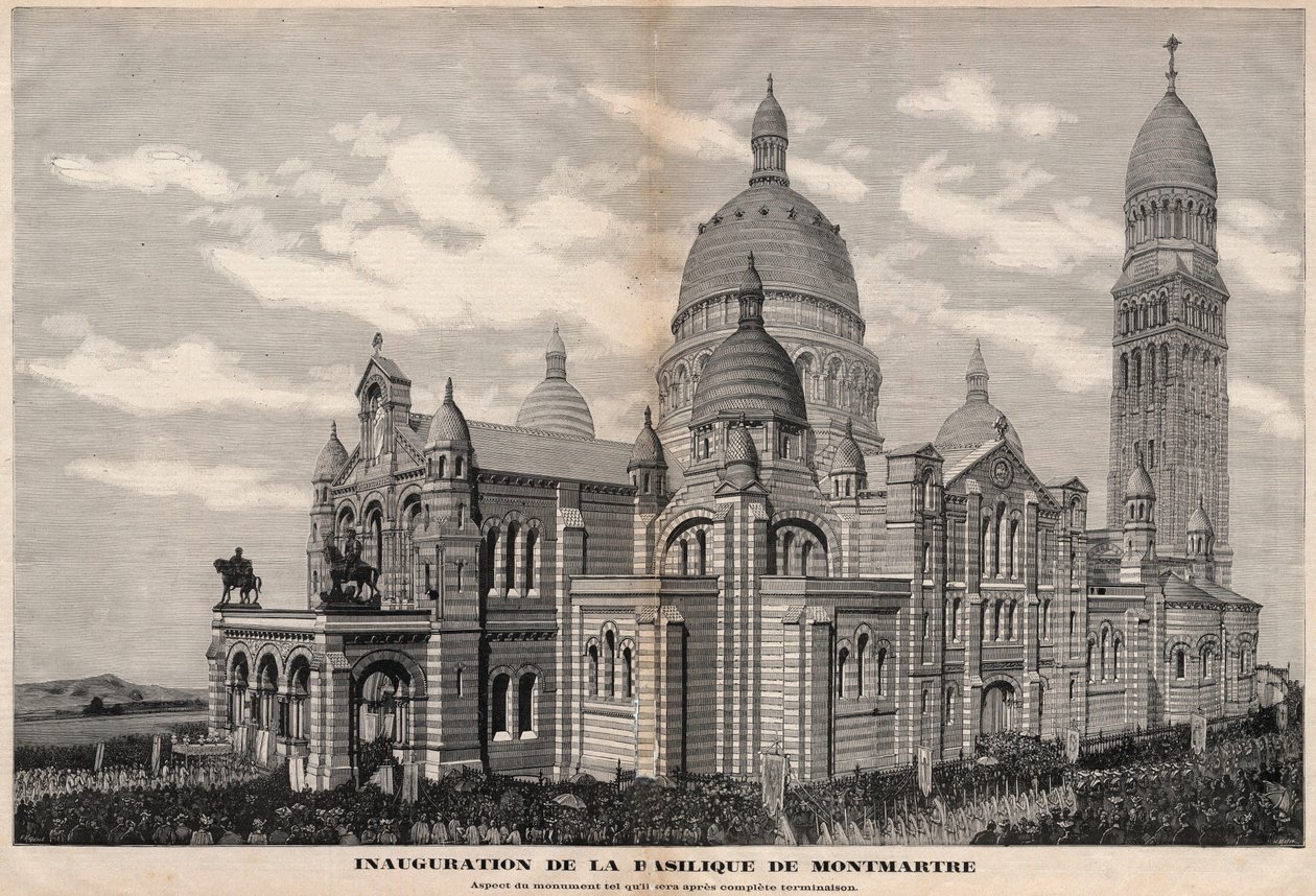 Inauguração da Basílica do Sacre-Coeur em Montmartre em 1891 (aspecto do monumento como será após a sua completa conclusão) - Gravura de Meaulle em 1891 de Fortune Louis Meaulle