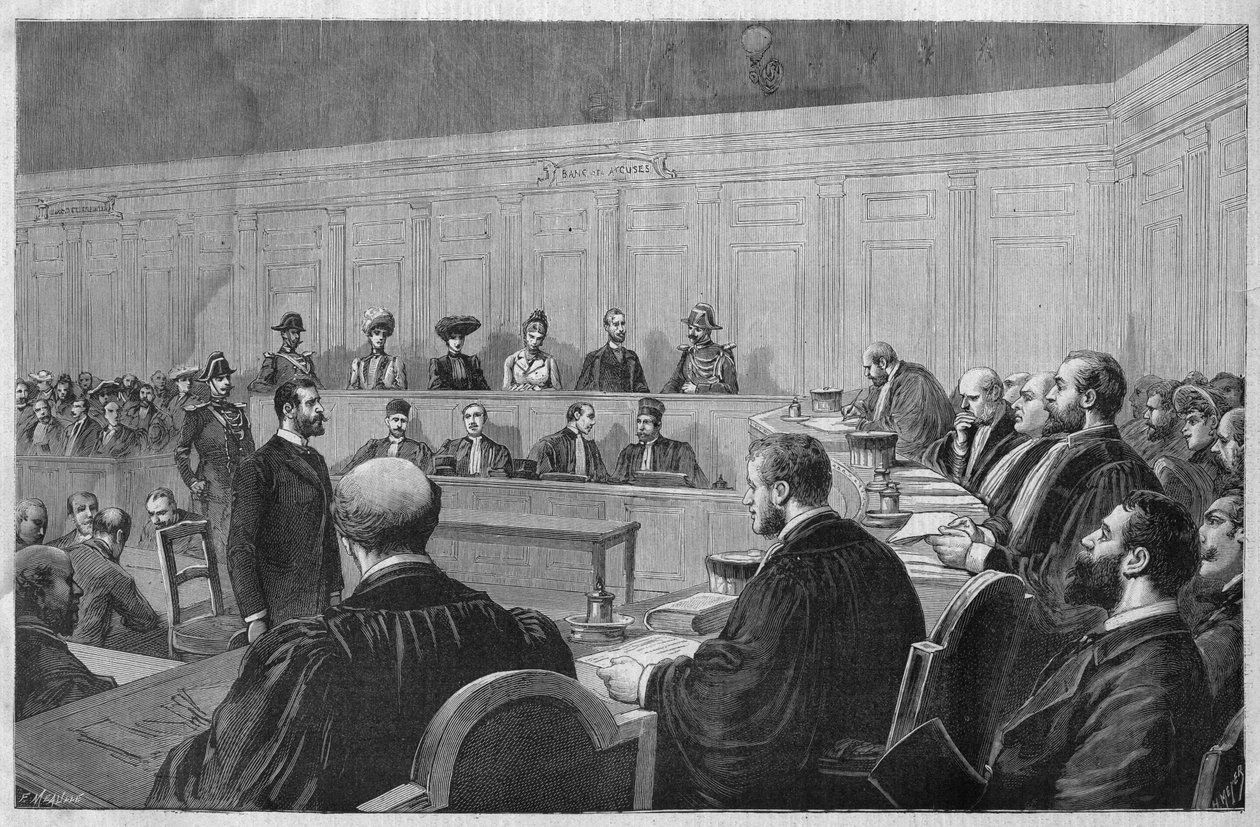 O escândalo de Toulon em 1891: caso Fouroux - Jonquieres - la salle des assiises, deposition des temoins - Gravação de Meaulle em "Le journal illustrious" de 1891 de Fortune Louis Meaulle