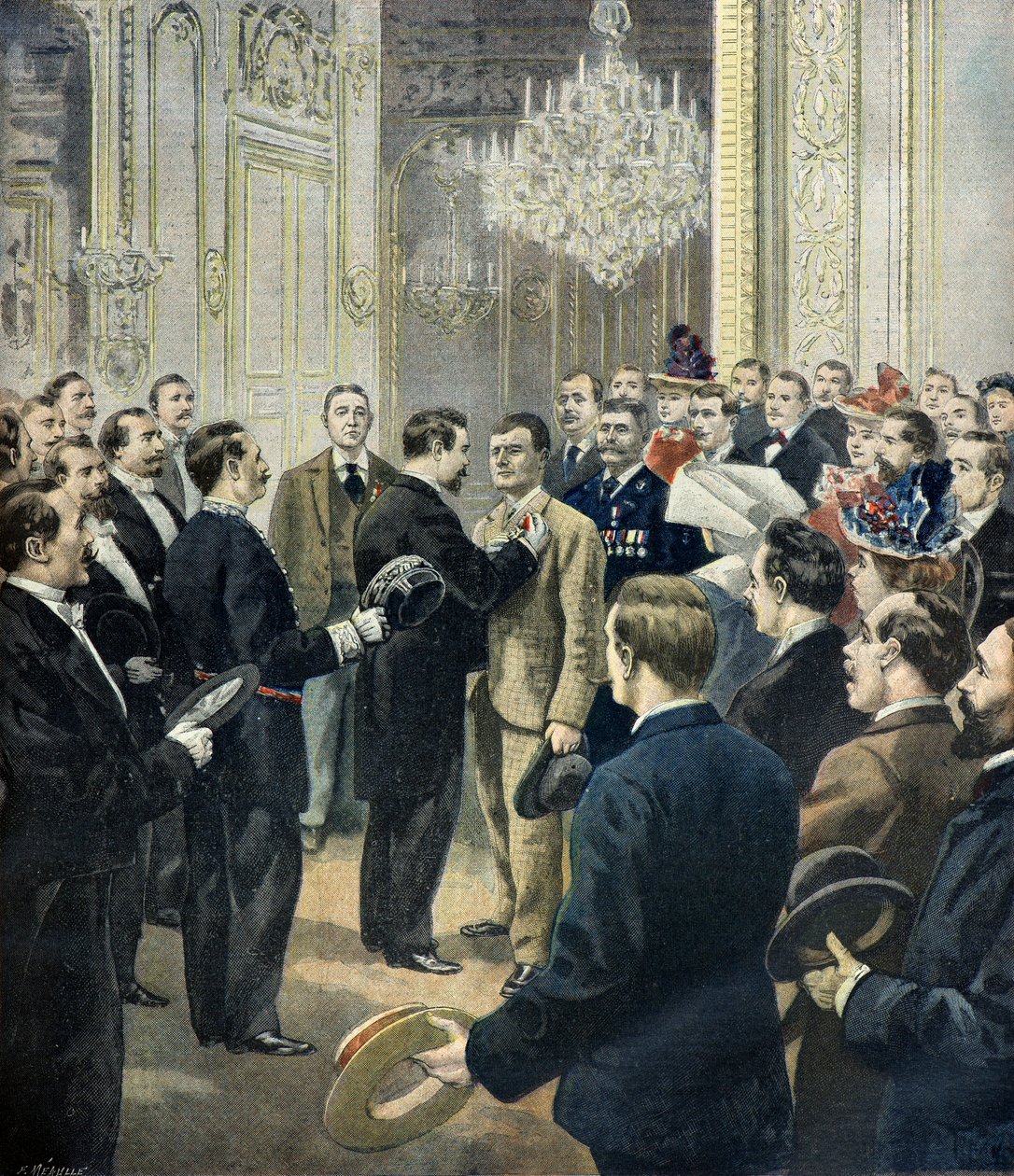 Louis Barthou condecora o cocheiro Georges, salvador do bazar de la charite ,1897 (Gravura) de Fortune Louis Meaulle