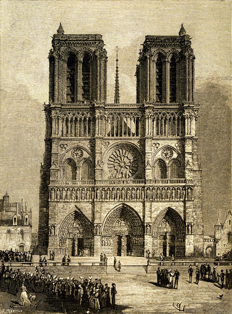 Notre Dame de Paris (Notre-Dame) em 1482: fachada oeste e parvis. Gravura de F. Meaulle, baseada num desenho de Viollet le Duc (Viollet-le-Duc) que ilustra o romance homónimo de Victor Hugo, edição Ollendorff do início do século XX. No canto inferior esque de Fortune Louis Meaulle