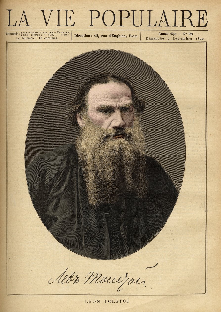 Retrato de Leon Tolstoi (1828-1910), escritor russo. Ilustração de F. Meaulle. Gravura de 1890 em "La vie populaire". Coleção Particular de Fortune Louis Meaulle