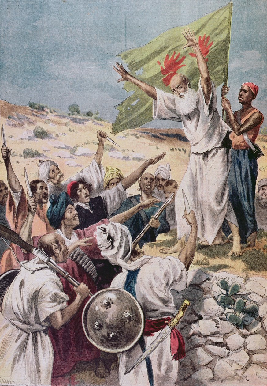 Pregando &39;Guerra Santa&39; durante uma revolta na Índia britânica, ilustração de &39;Le Petit Journal&39;, 1897 de Fortune Louis Meaulle