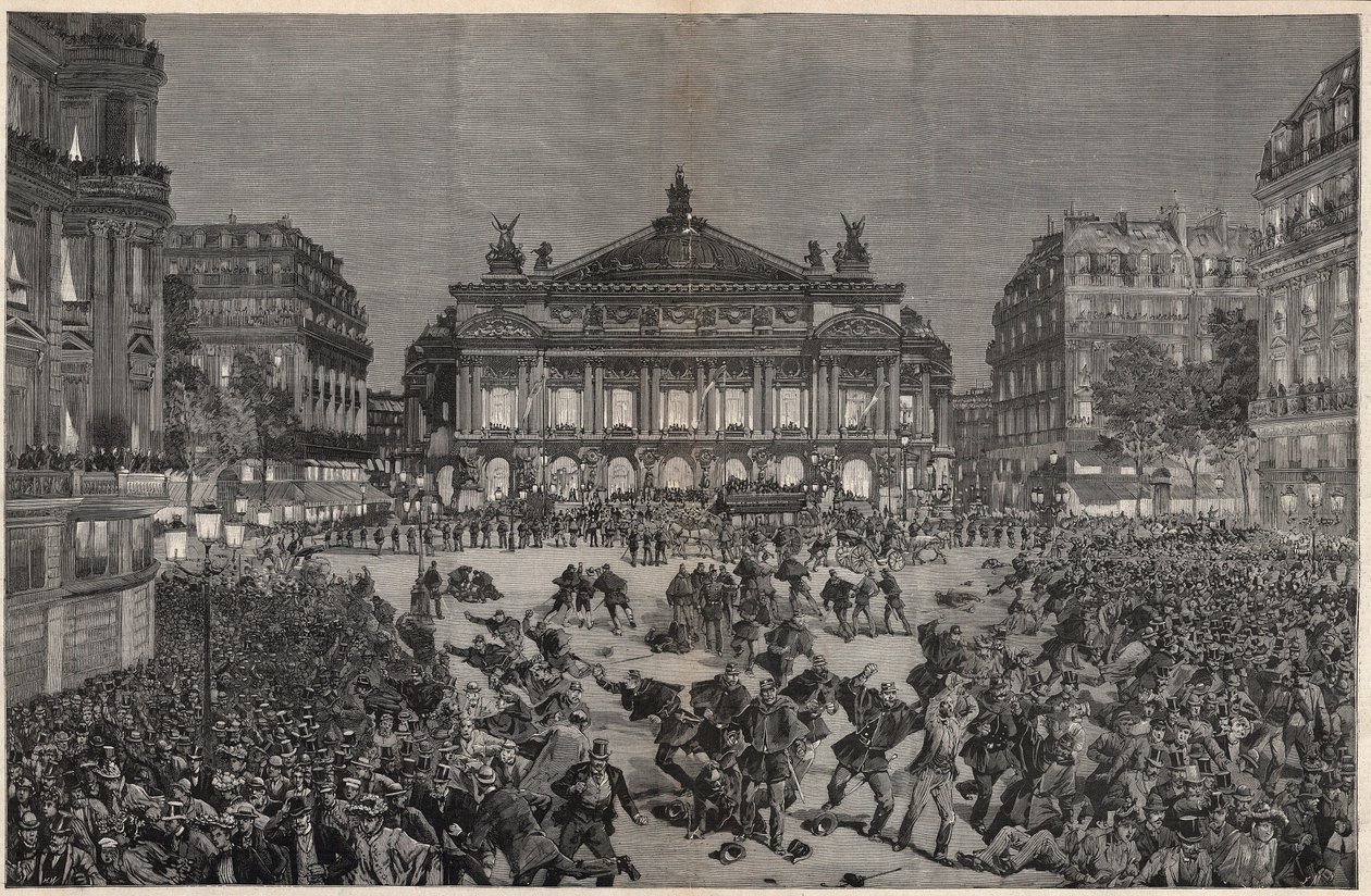 Riots em Paris, opondo-se à representação de "Lohengrin" de Richard Wagner no Palais Garnier 1891 - Demonstration patriotique, place de l