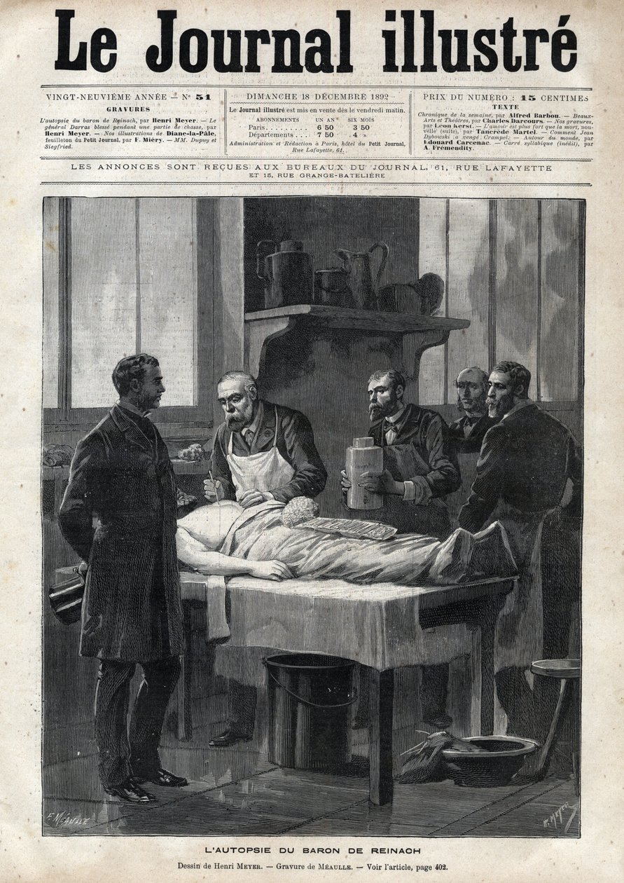 A autópsia do Barão Jacques de Reinach (1840-1892) em 1892 - gravação de Meaulle no "The Illustrous Journal" de 1892 de Fortune Louis Meaulle