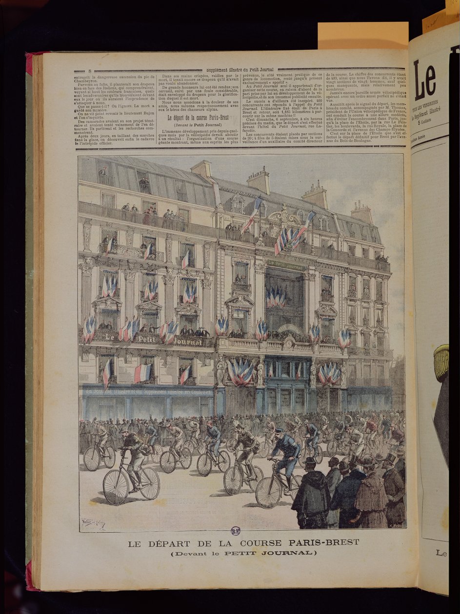 O início da corrida de bicicleta Paris-Brest em frente aos escritórios do &39;Le Petit Journal&39;, ilustração da revista do mesmo nome, 15 de setembro de 1891 de Fortune Louis Meaulle