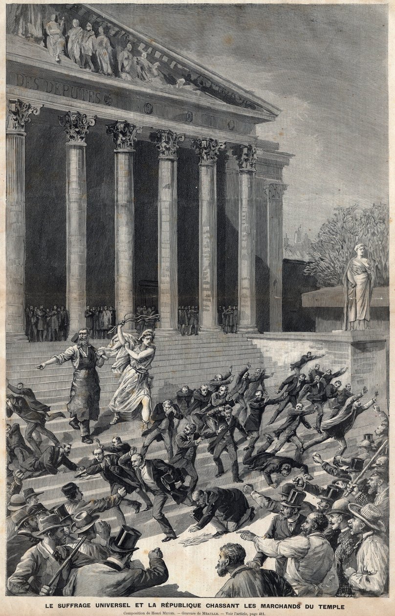Sufrágio Universal e a República perseguindo os mercadores do Templo - alegoria sobre as consequências do caso Panamá - Gravura de Meaulle de Henri Meyer de Fortune Louis Meaulle