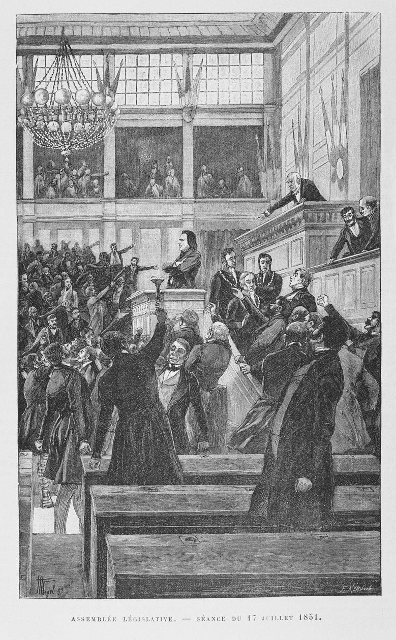 Victor Hugo (1802-85) na Assembléia Legislativa proferindo um discurso sobre a revisão da Constituição em 17 de julho de 1851, c. 1885 de Fortune Louis Meaulle