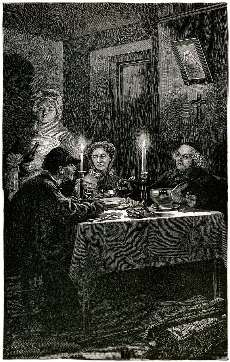 Victor Hugo "Os Miseráveis" Ilustração de Lix gravada por Meaulle: o Forcat e o Eveque. Jean Valjean, a quem o eveque Myriel ofereceu o hospital, vai cometer a sua última fuga: os talheres de prata do seu anfitrião. Sobre a mesa, os dois candelabros de pra de Fortune Louis Meaulle