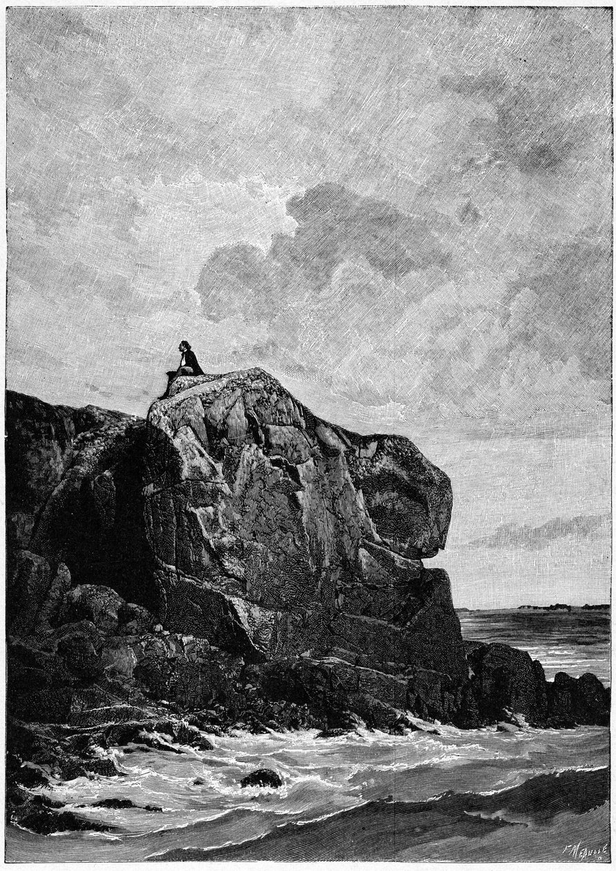 Victor Hugo no exílio em Jersey, em 1855, no rochedo Proscriit. Gravura de Louis Fortune Meaulle (1844-1901), da qual Hugo disse: "I think, il grave". de Fortune Louis Meaulle