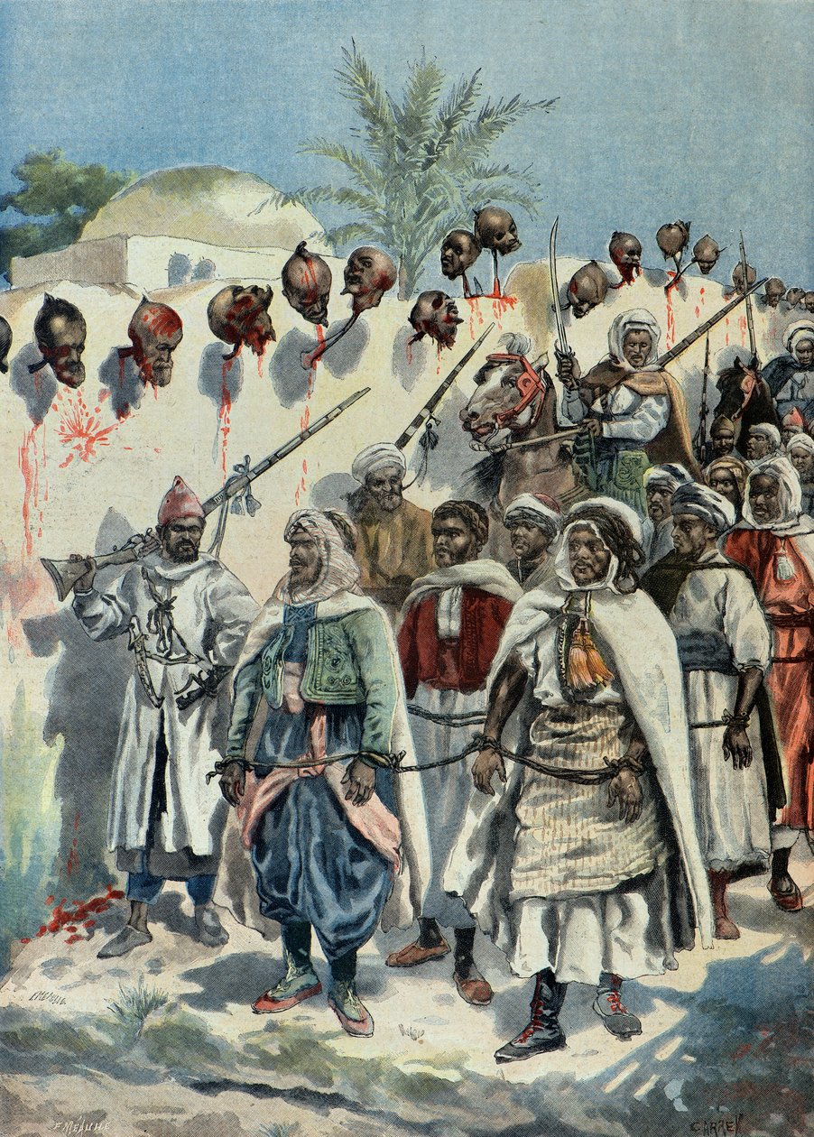 Insurrectos marroquinos presos passam ao lado das cabeças cortadas dos seus camaradas em 1897 (Gravura) de Fortune Louis Meaulle