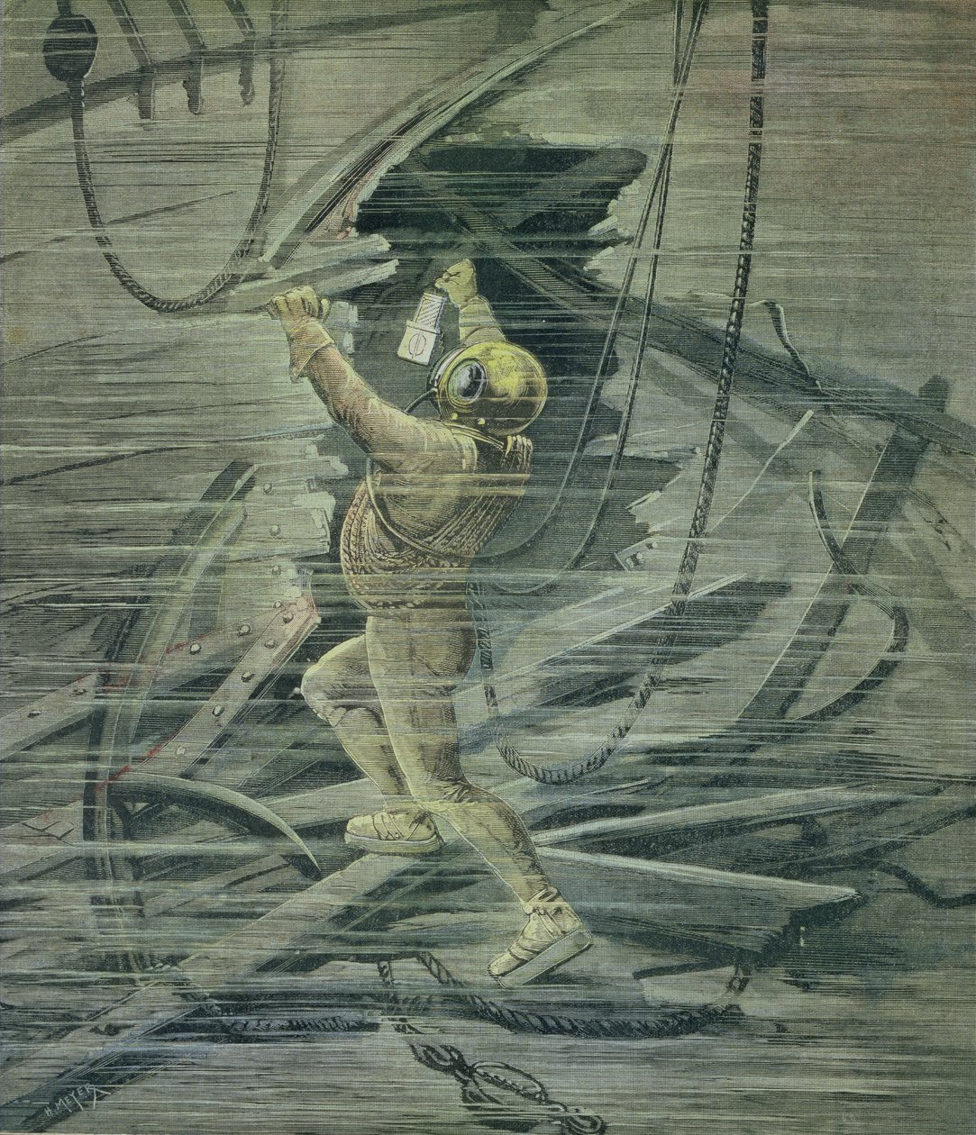 Um mergulhador em alto-mar Observando os naufrágios no porto de Le Havre, em Le Petit Journal, 13 de fevereiro de 1892 de Fortune Louis Meaulle and Henri Meyer