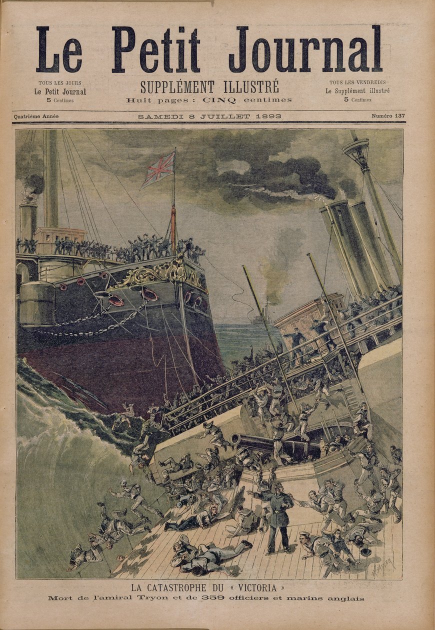 Um acidente a bordo do &39;Victoria&39;, a morte do almirante Tyron e 359 oficiais e ingleses marinheiros, ilustração de &39;Le Petit Journal&39;, 8 de julho de 1893 de Fortune Louis Meaulle and Henri Meyer