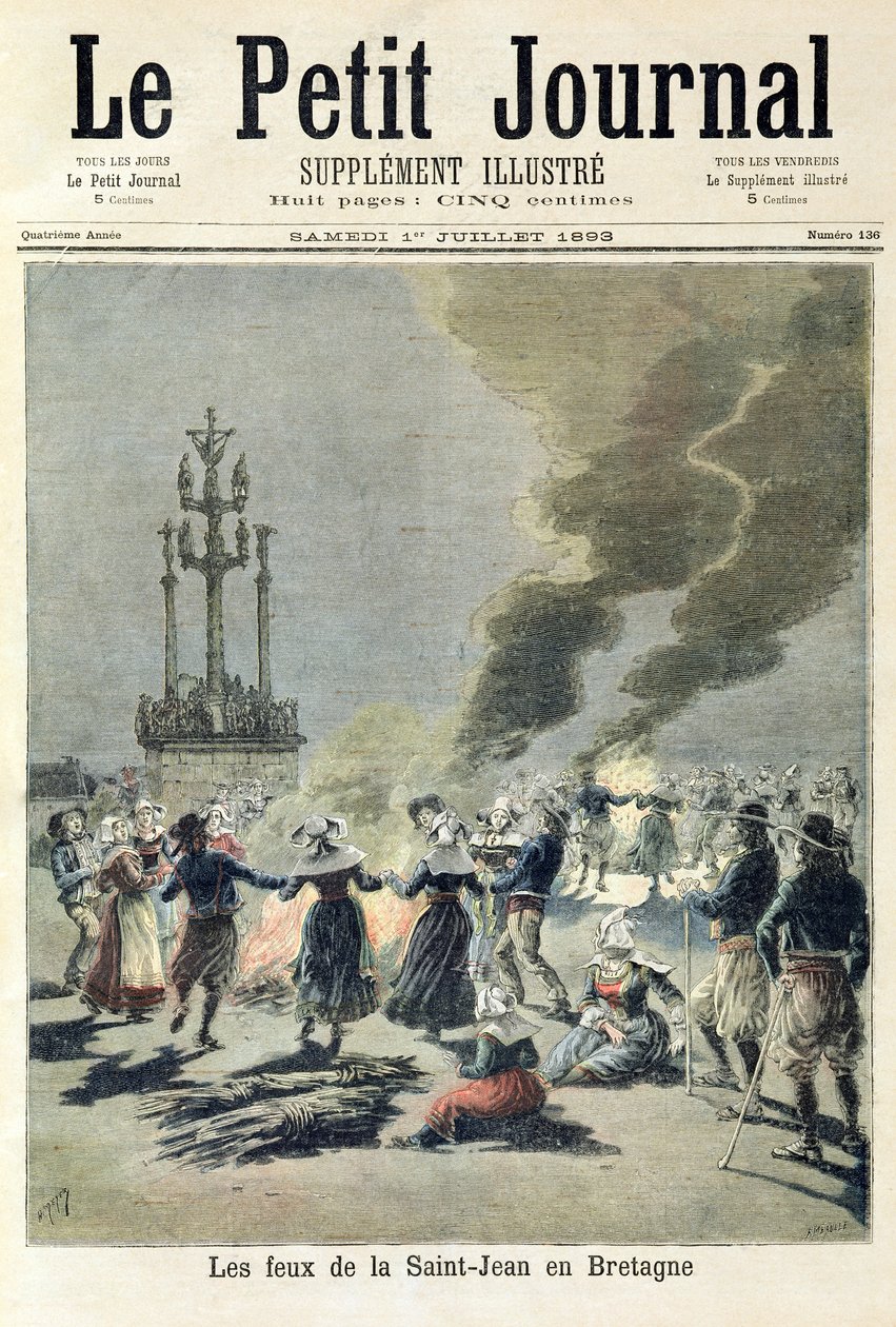 Fogueiras acesas para celebrar o solstício de verão na Bretanha, capa do &39;Le Petit Journal&39;, 1º de julho de 1893 (gravura colorida) de Fortune Louis Meaulle and Henri Meyer