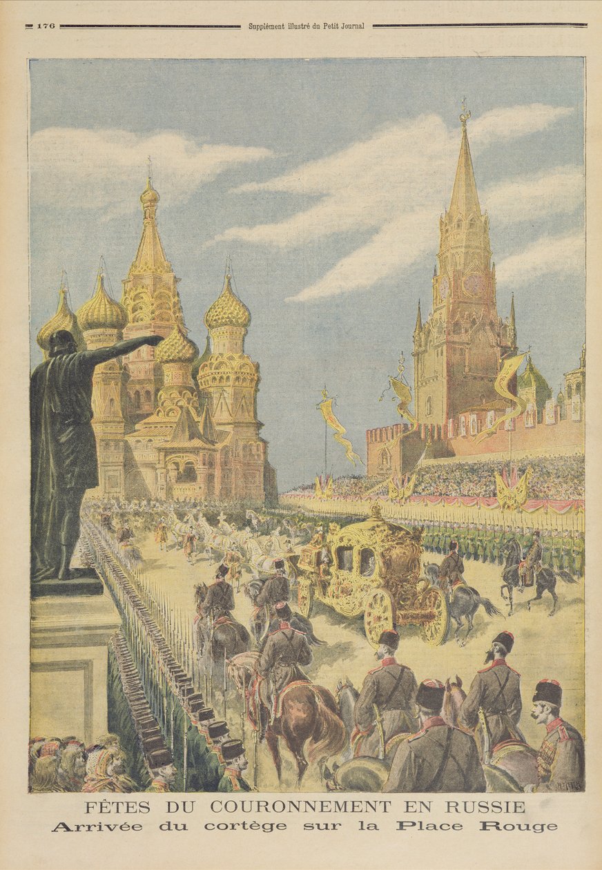 Celebração para a coroação do czar Nicolau II (1894-1917) Chegada do cortejo na Praça Vermelha, de &39;Le Petit Journal&39;, 31 de maio de 1896 de Fortune Louis Meaulle and Henri Meyer