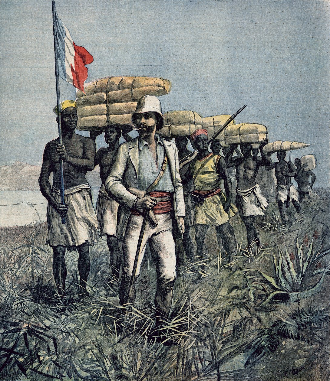 Tenente Mizon (1853-99) em sua Missão de Exploração da Área do Rio Benue em 1892 na Nigéria, de &39;Le Petit Journal&39;, julho de 1892 de Fortune Louis Meaulle and Henri Meyer