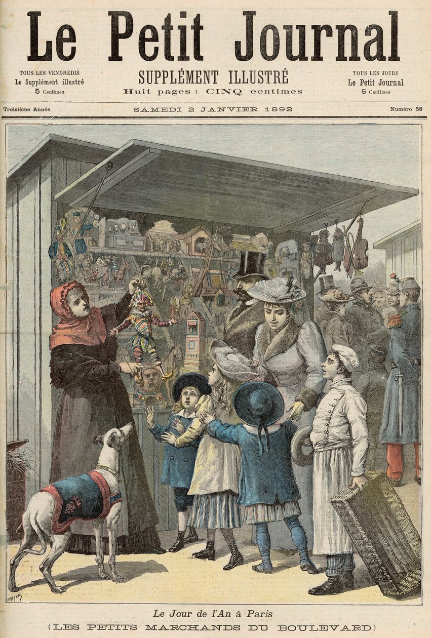Dia de Ano Novo em Paris: The Little Stalls no Boulevard, capa do &39;Le Petit Journal&39;, 2 de janeiro de 1892 de Fortune Louis Meaulle and Henri Meyer