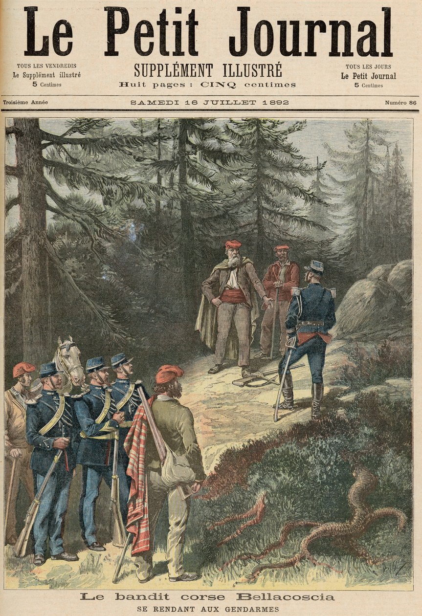 O Bandido da Córsega, Jacques Bellacoscia, entregando-se à polícia, de &39;Le Petit Journal&39;, 16 de julho de 1892 (cor litho) de Fortune Louis Meaulle and Henri Meyer